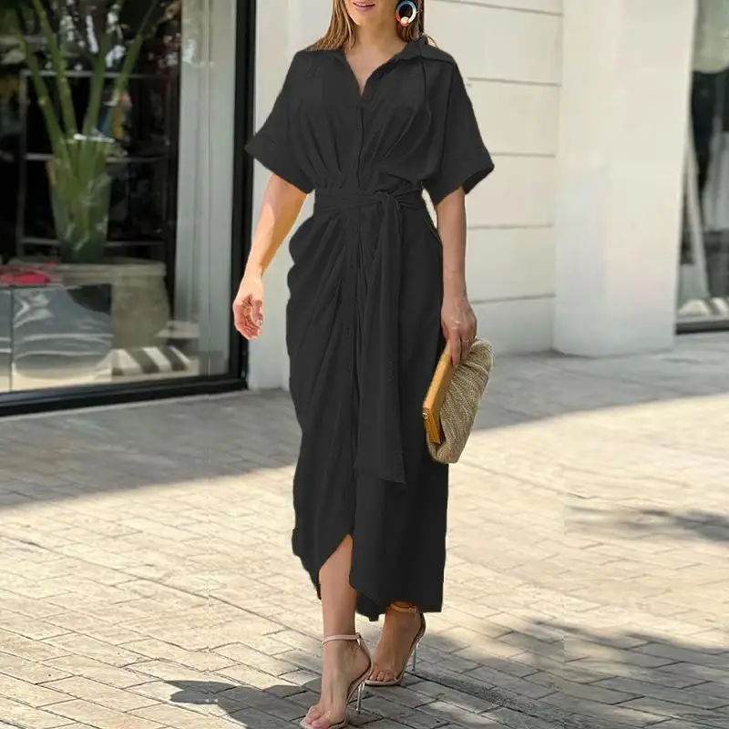 2025 Spring Summer New Women's Elegant Solid Color Wrinkled Lace-up Midi Dresses Female Fashion Print Button Lapel Shirt Dress 3