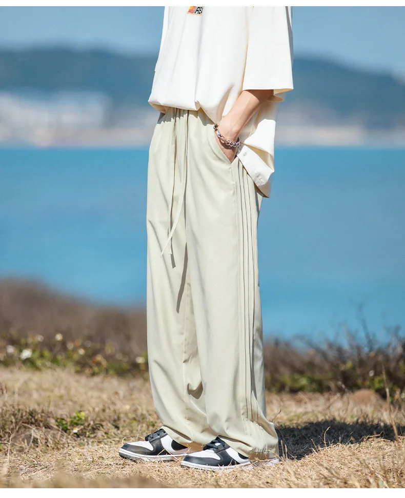 Side hinged bar design with ice silk casual pants light thin solid drawstring pants joggers men