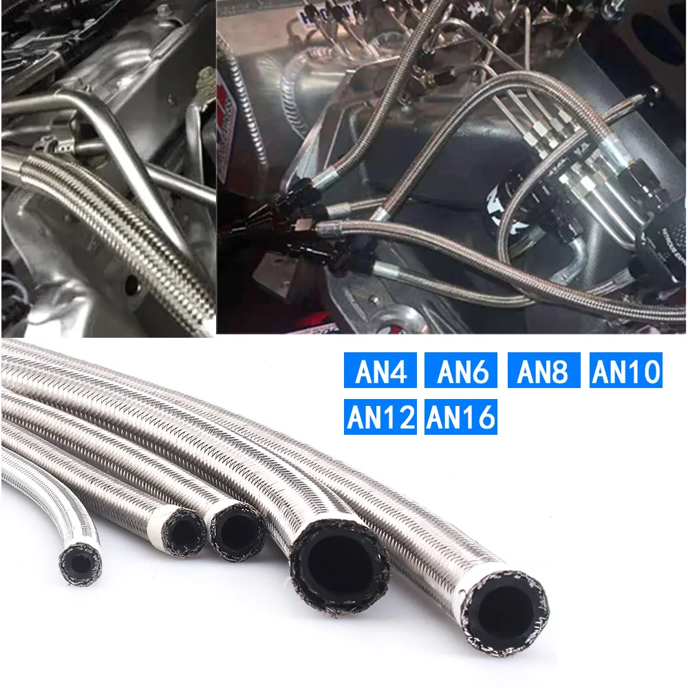 

1m AN4 AN6 AN8 AN10 AN12 AN16 Stainless Steel Braided Brake Gas Oil Fuel Line Hose Oil Cooler Pipe Silver Color NEW