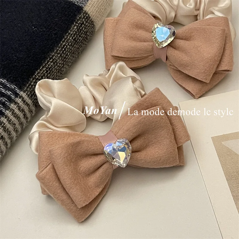 Light Luxury Classic Style Love Big Zirconium Bow Large Intestine Hair Band Super Sweet Milk Powder Hair Rope Temperament Rubber