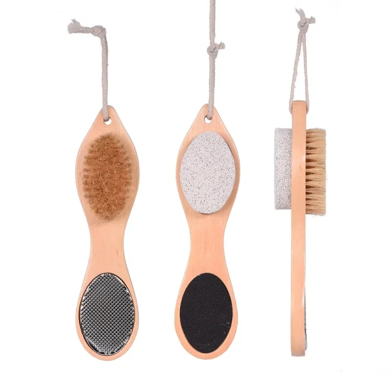 4 In 1 Multi-Use Foot File Brush with Wooden Handle Double Sided Callus Remover Dead Skin Crack Exfoliator Rasp Scrubber Pumice