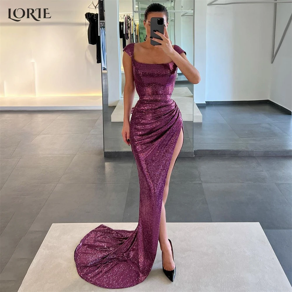 

LORIE Sexy Glitter Mermaid Evening Dresses Square Collar Pleated Shiny Side Slit Prom Dress Arabia Dubai Celebrity Party Gowns