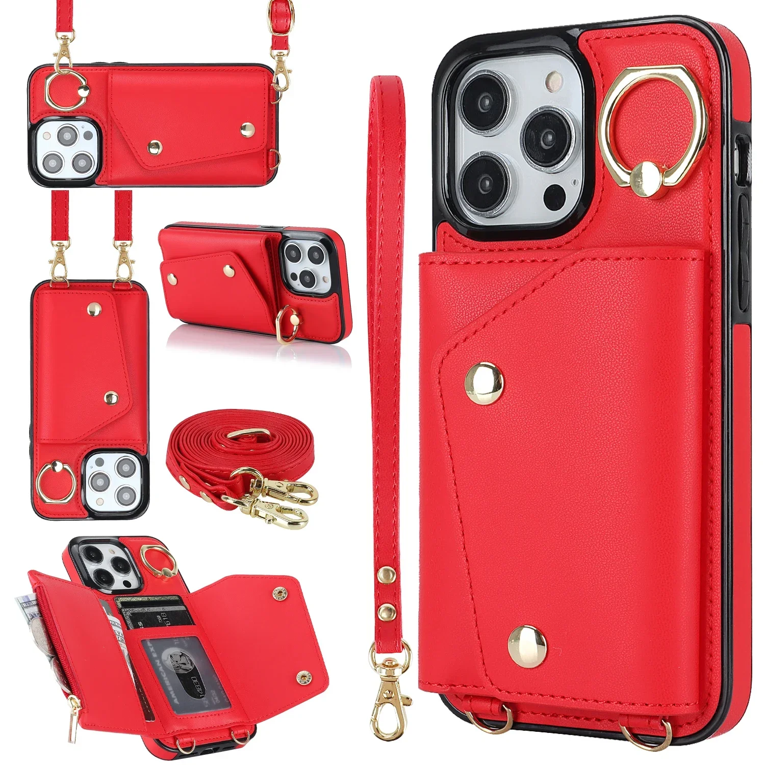 Versatile Leather Phone Case with Crossbody Lanyard, Wrist Strap, and Card Holder