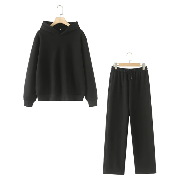 Women Solid Casual Sweatshirt Pant Suit Long Sleeve Hooded Fleece Pullover Coat Loose Straight Trousers Office Lady Sets 15