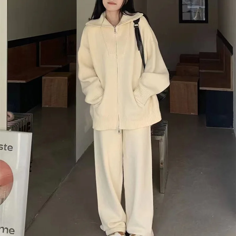 Autumn Winter Fashion Casual Loose Women Two Piece Set Knitted Zipper Long Sleeve Winter Warm Cardigan Coat+Wide Leg Pants Suit 6