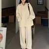 Autumn Winter Fashion Casual Loose Women Two Piece Set Knitted Zipper Long Sleeve Winter Warm Cardigan Coat+Wide Leg Pants Suit 6
