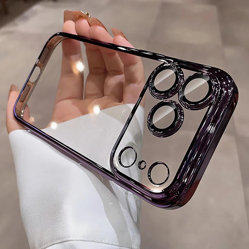Luxury Camera Cover Protection Case For iPhone Air 17 16 15 14 13 Pro Max Plus 16E Glitter Plating Silicone Soft Clear TPU Shell 5