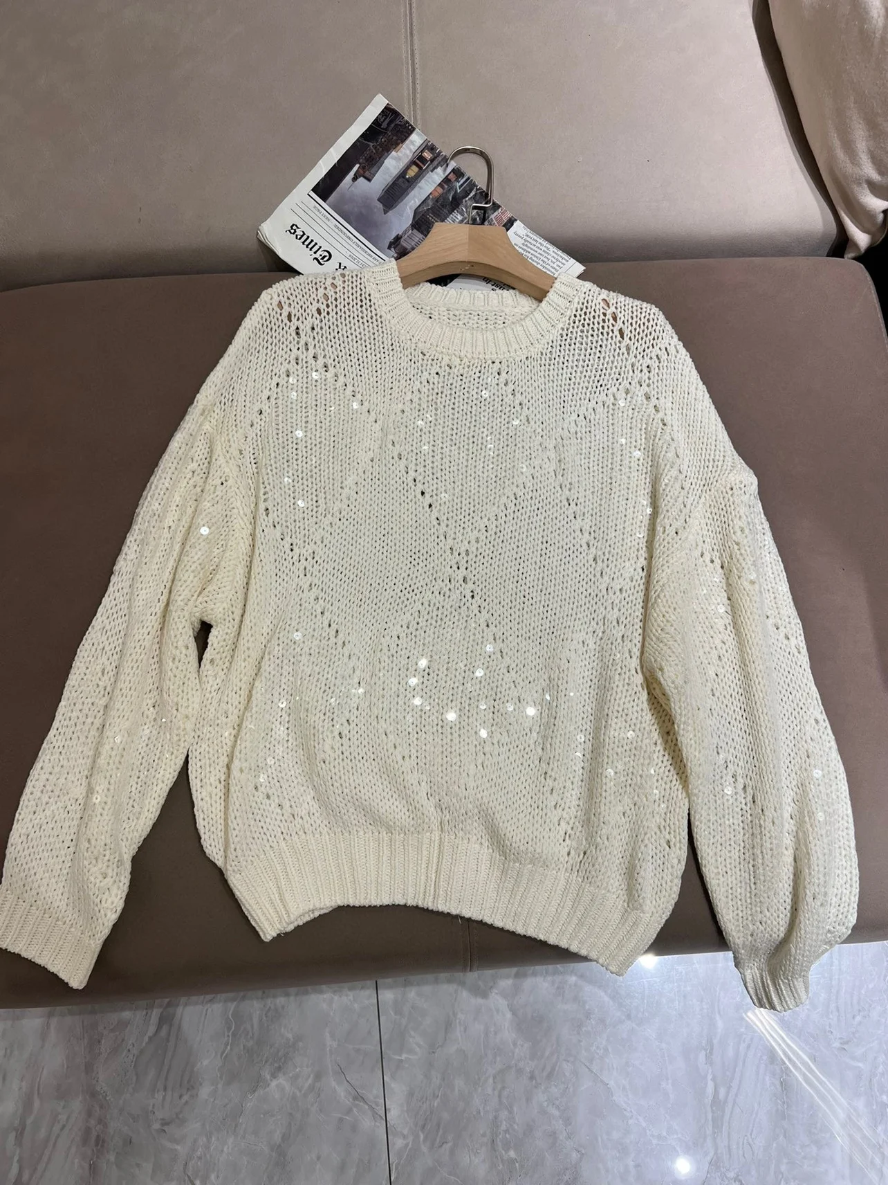 

Spring 2024 B*C Women's White Sweater Linen Knitwears O-Neck Hollow Pullover Tops Female Long Sleeves Woman's Clothing
