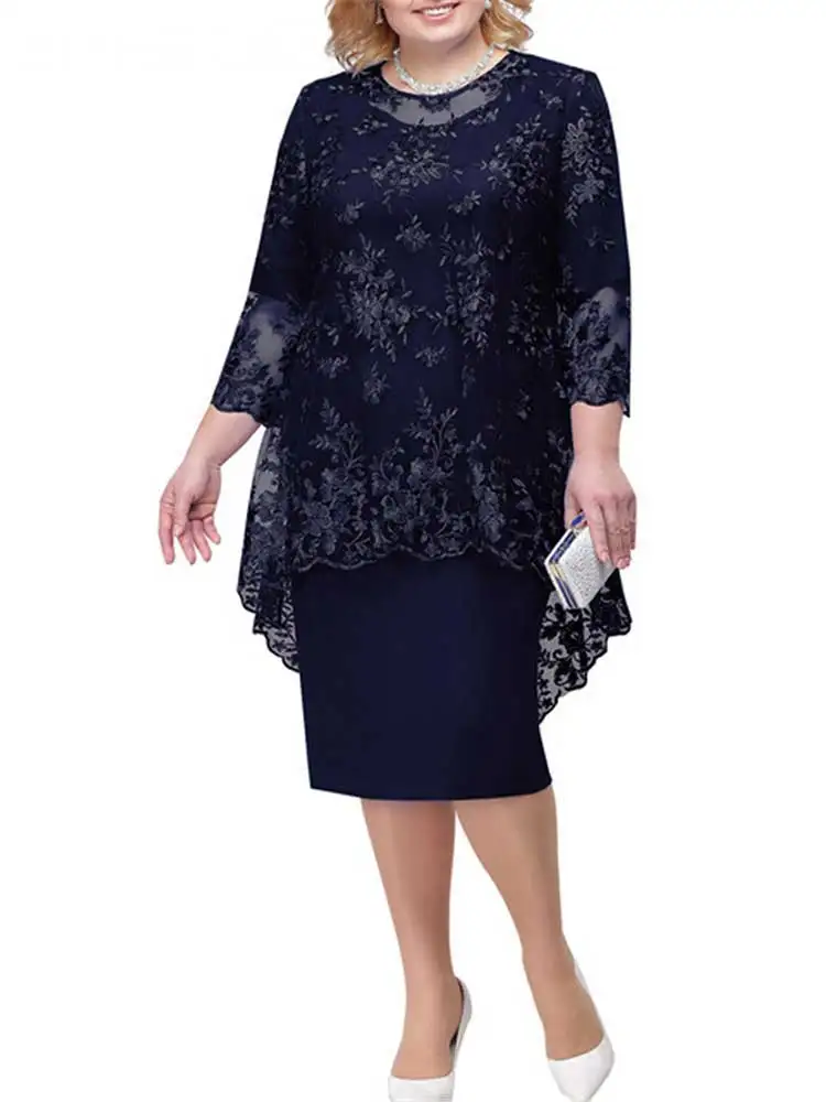 2026 Women Dress O-neck Midi Loose Dress S-8XL Lady Evening Lace Mesh Sexy Elegant Dress Female Clothing Summer Autumn 4