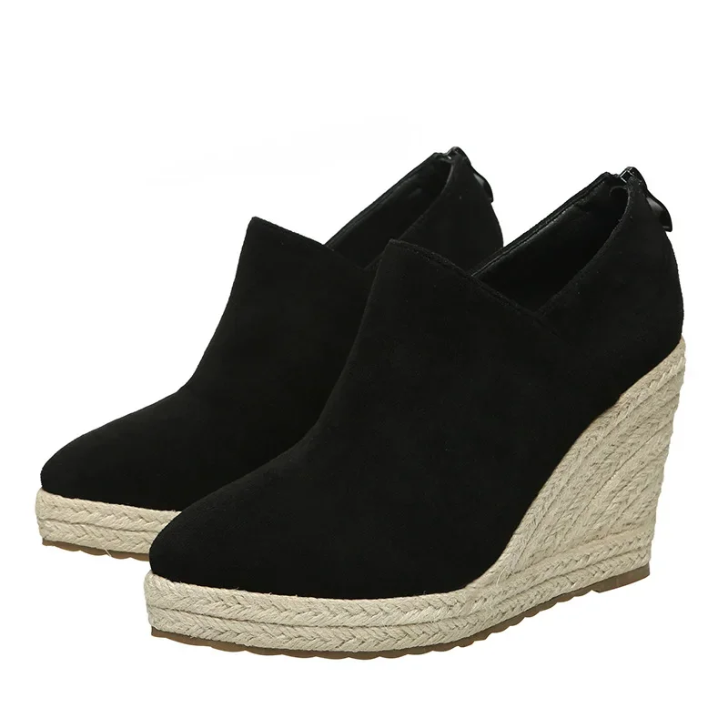 

Wedge Heel Black Blue Shoes Women Deep-mouth Fashion Pointed Thick Straw High Heel Ankle Boot