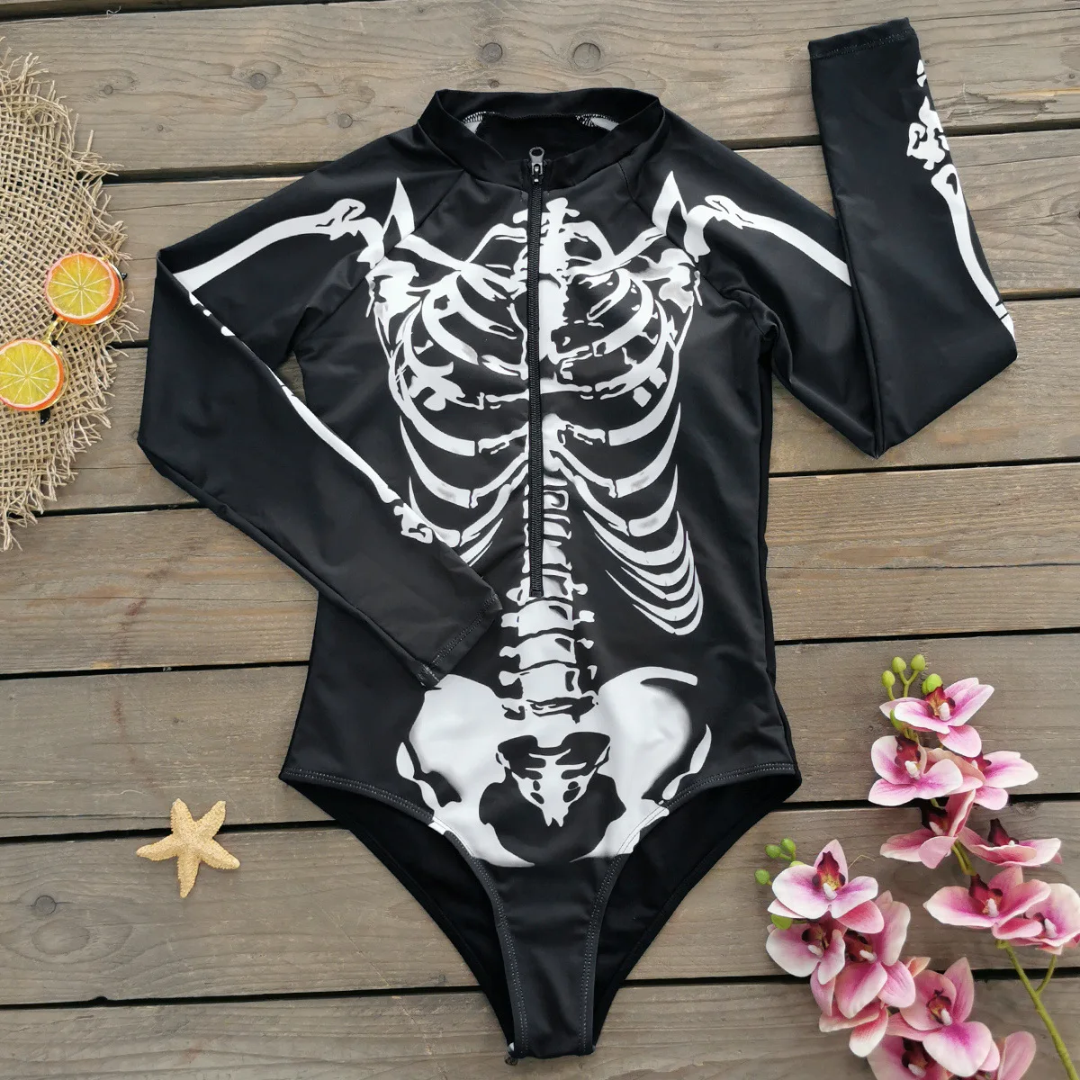 Women Sport Swimsuits Surfing Sport Swimsuit One Piece Long Sleeves Women Swimwear Skeleton Zipper Halloween Costumes
