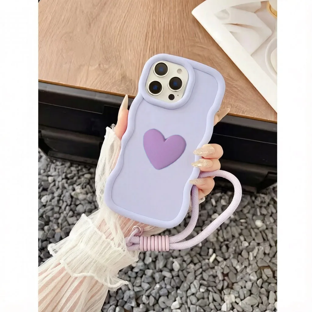 3D Love Heart Wavy Frame Shockproof Cover with Lanyard