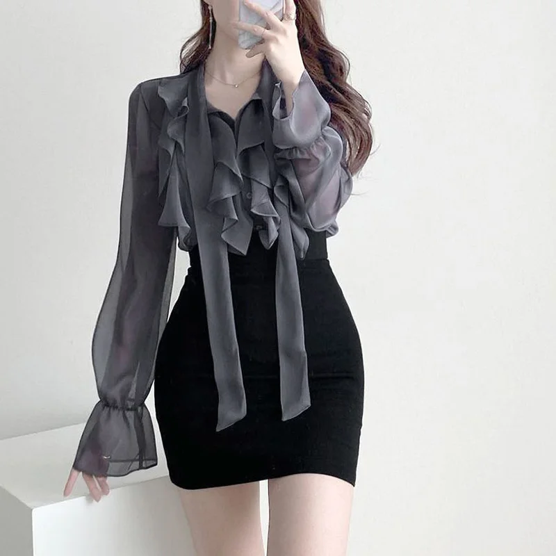 Elegant V-Neck Ruffles Flare Sleeve Blouse Female Clothing 2023 Spring Summer New Casual Tops Loose Chic Shirt