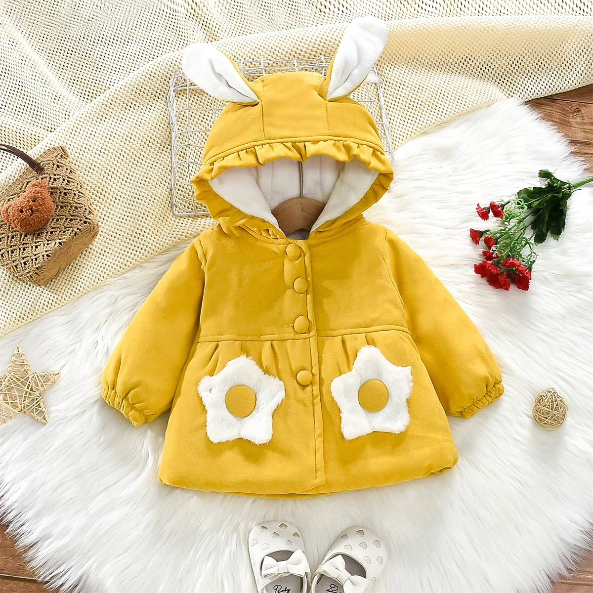 Winter Girls' Jacket Baby Filled Cotton Hooded Warm And Cute Single Breasted Windproof Thickened Outerwear Coat