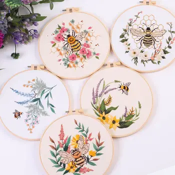 Flower Bee Embroidery Kit with EN Instruction,Thread, Stamped Cloth,Needle DIY Kit for Chirstmas Birthday Gift 1