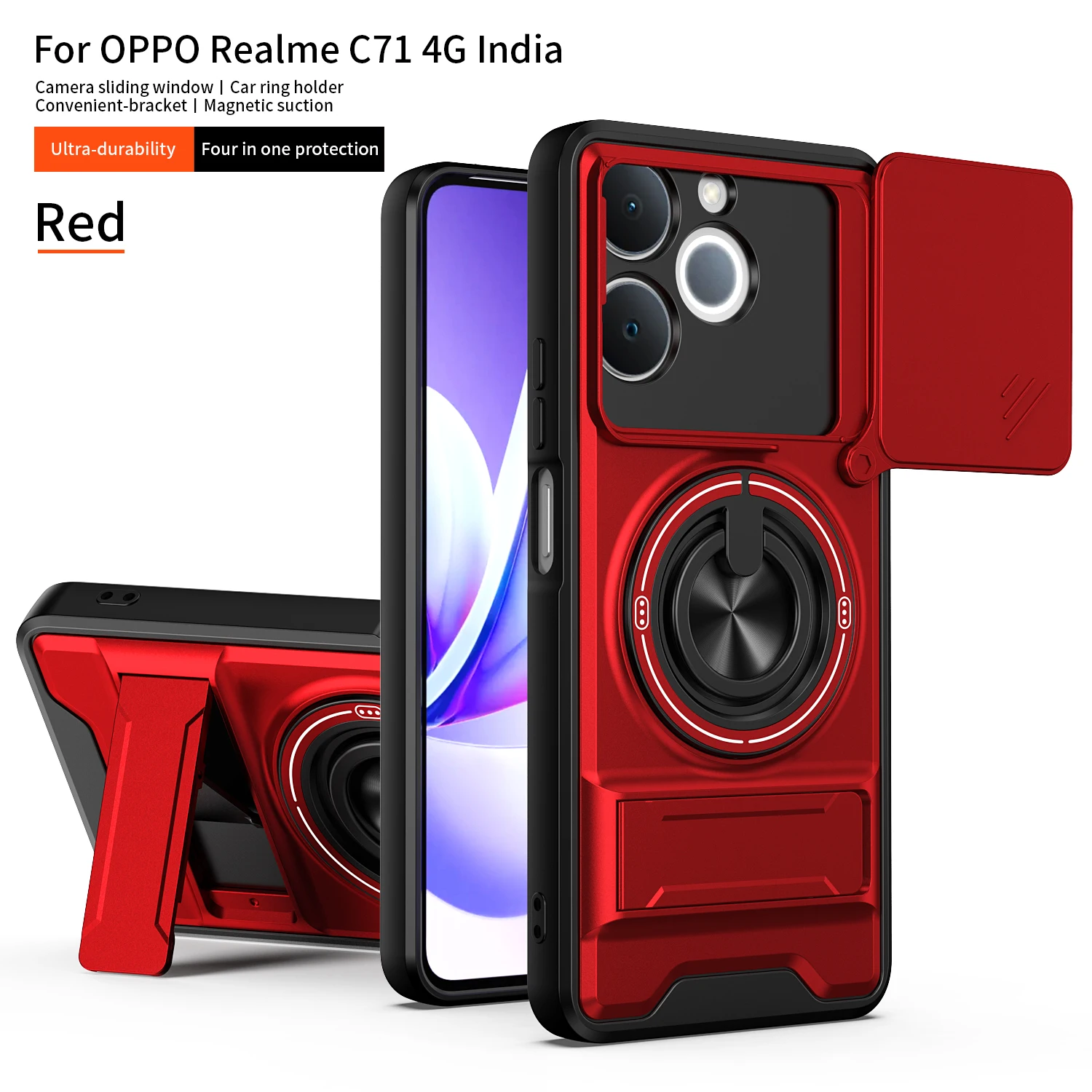 Armor Shockproof Phone Case with Sliding Camera Cap and Built-in Magnet Ring Kickstand