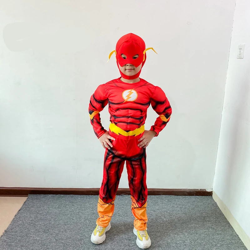 Disfraz de Flash de lujo para niño, disfraz de película para niños, fiesta de carnaval, Halloween, disfraz de Flash, máscara, cinturón con zapatos, 3 a 12 años