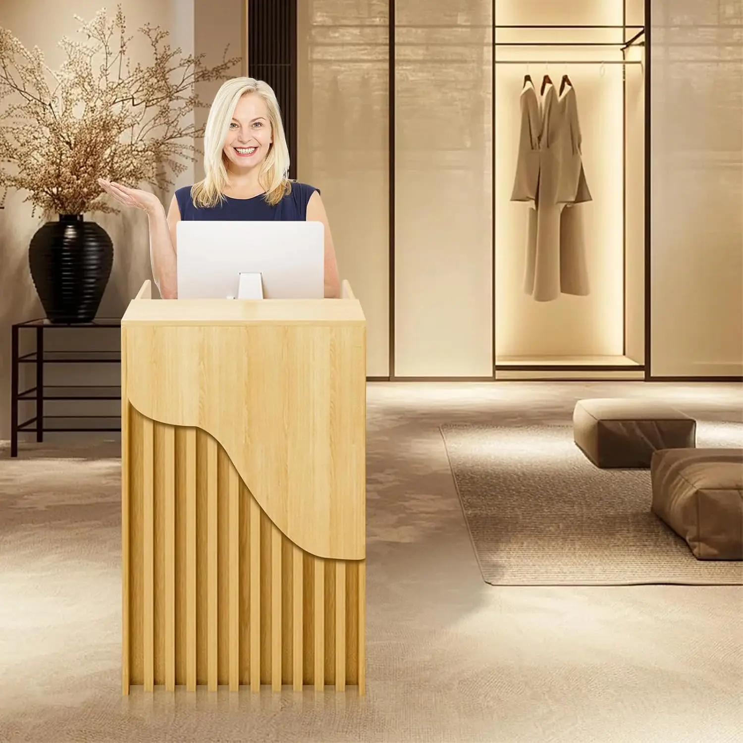 Modern Reception Desk With Counter 23.6In Open Front Desk Checkout Counter With Lockable Drawer Reception For Beauty Salon