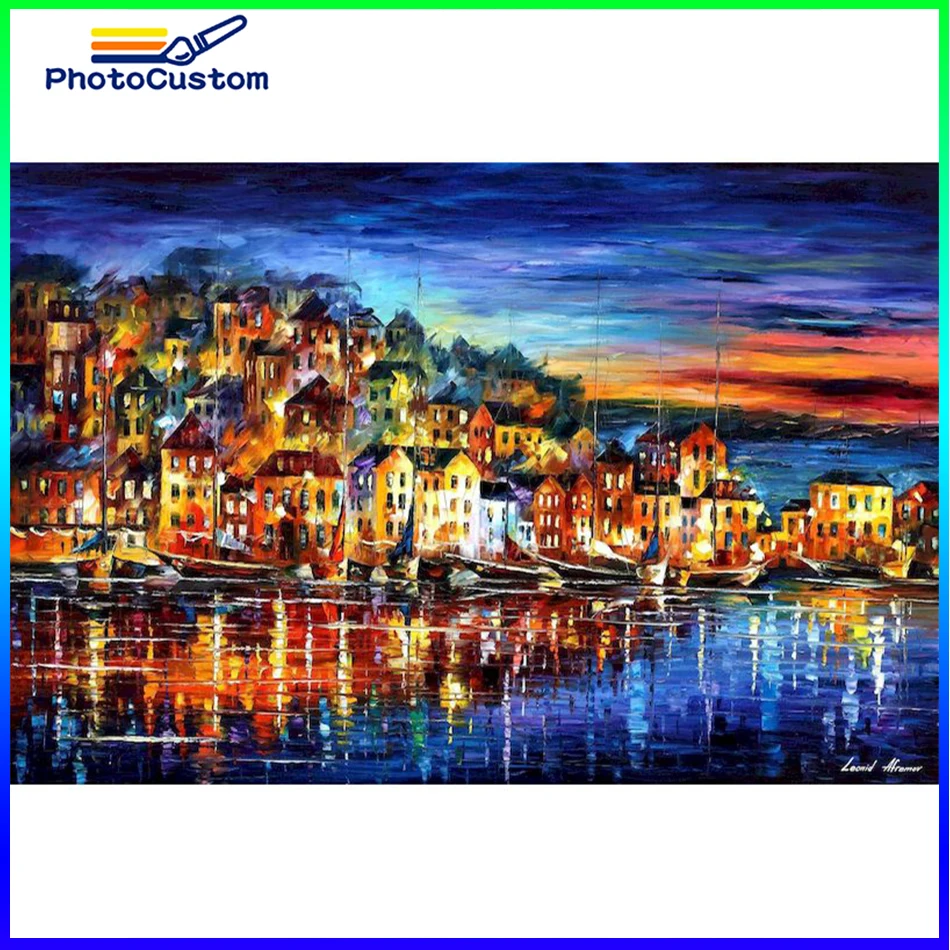

PhotoCustom Landscape Diy Painting By Numbers Town HandPainted Acrylic Oil Paint Home Wall Art Coloring Picture By Number For De