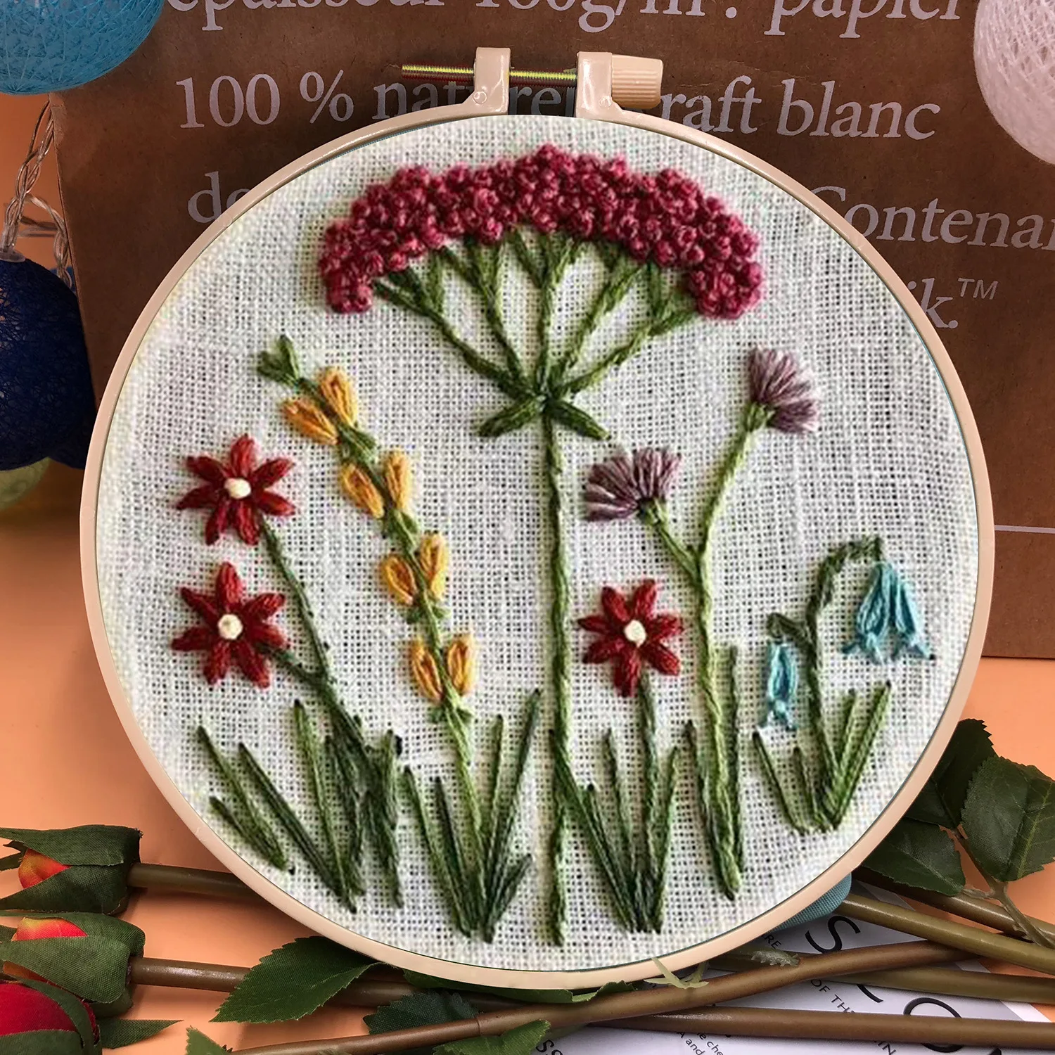 Kits de inicio de bordado 3D con patrón de flores para adultos principiantes, kit de punto de cruz con estampado floral, kit de punto de aguja DIY a mano