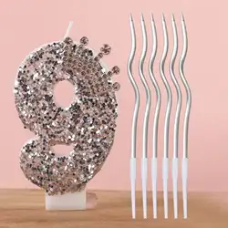 Elegant Black and Silver Glitter Number Birthday Candle Cake Topper with Spiral Accent Candles (Atrovirens)