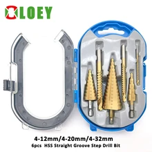 

6pcs 4-12mm/4-20mm/4-32mm HSS Straight Groove Step Drill Bit Titanium Coated Wood Metal Hole Cutter Core Cone Drilling Tools Set