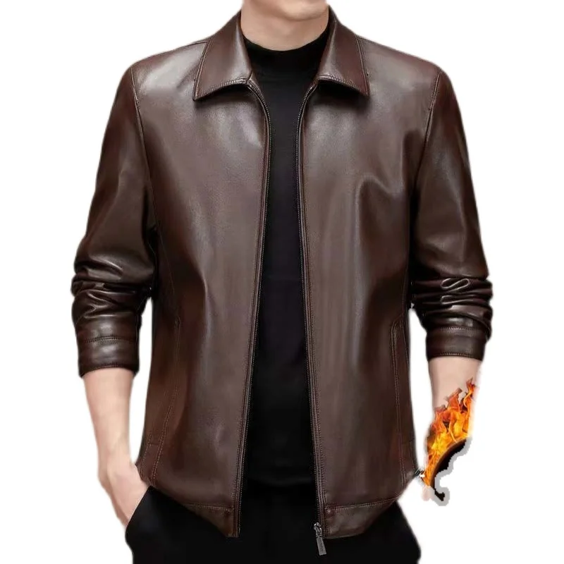 Men's Leather Jacket Thickened Genuine Leather Coat Slim Fit Business Casual Style Winter Warm Fashion City Middle-aged And E... - 5