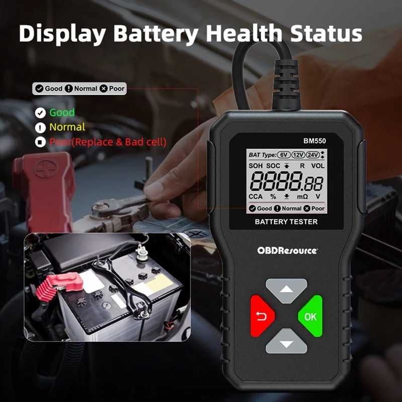 자동차 배터리 테스터, BM550, 6V, 12V, 24V, 100-2000 CCA, 2Ah-220Ah 배터리 시스템, 자동 배터리 분석기, 자동차 배터리 도구 감지