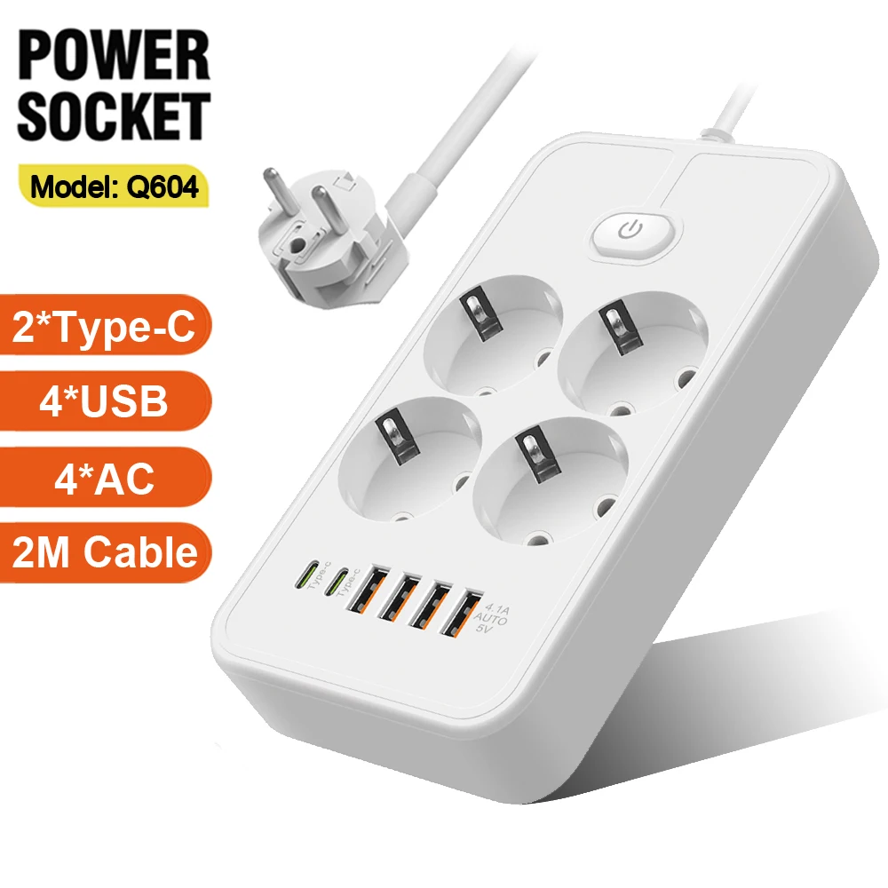 Power Strip EU Plug AC Outlet Patch Board With USB Type C Ports