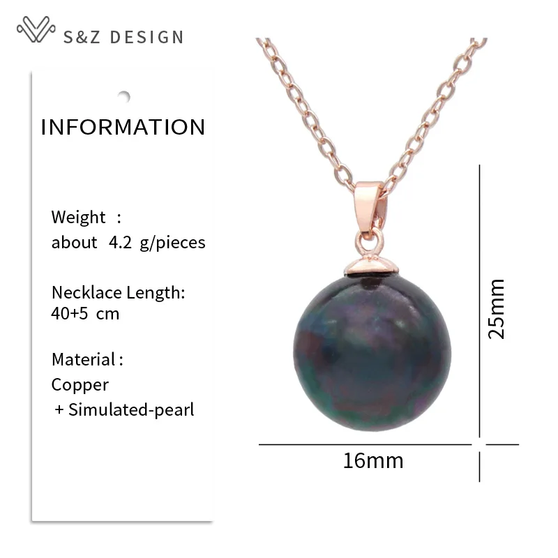 S&Z DESIGN New Fashion 585 Rose Gold Color Round Simulated-pearl Pendant Necklace For Women Wedding Party Jewelry Fine Gift