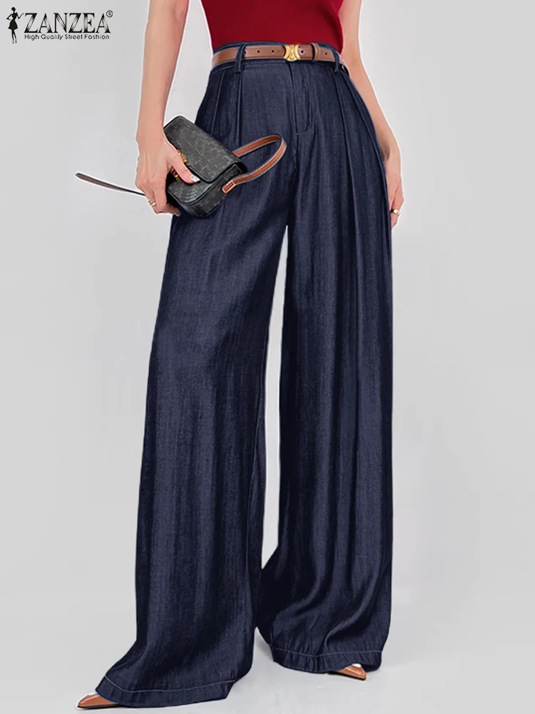 

Women Solid Color Long Trouser ZANZEA Vintage Wide Leg Pants 2024 Summer High Waisted Pantalons Office Lady Pleating Pants Femme