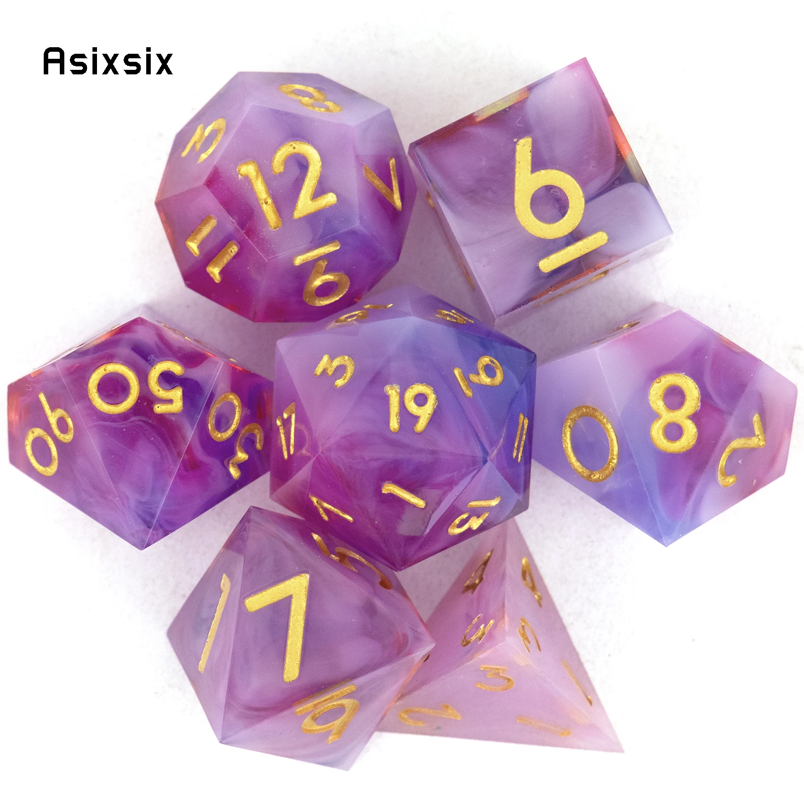 

7 Pcs Pink Purple Golden Number Sharp Edge Resin Dice Polyhedral Dice Suitable for Role-Playing RPG Board Game