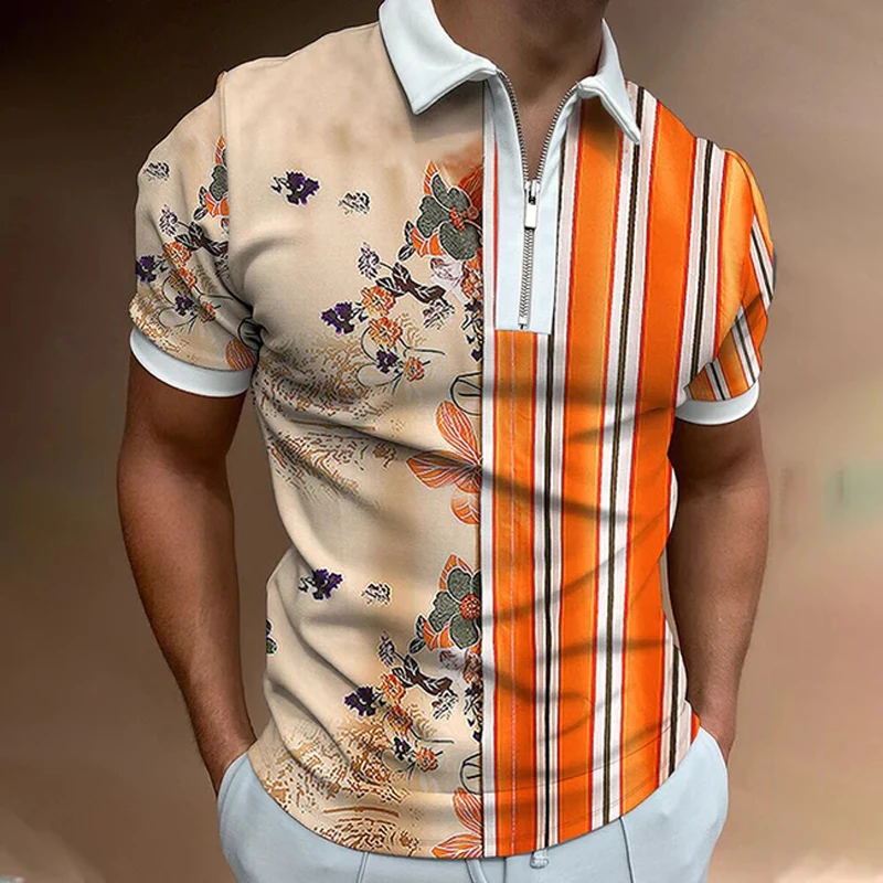 

Flower 3D Print Polo Zipper Short Sleeve Shirt for Men
