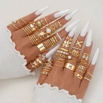 58 pçs vintage coração cobra borboleta anéis conjunto para mulheres moda metal banhado a ouro geométrico oco anel de dedo jóias presentes novo 1