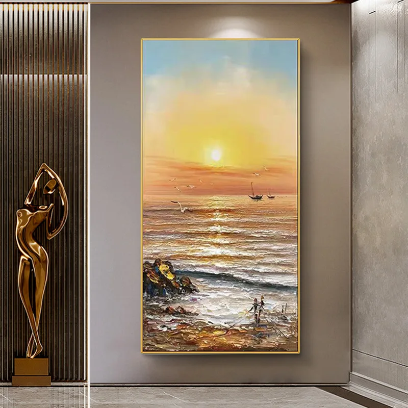 

Home Decorative Painting Vertical Seascape Sunrise Modern Atmospheric Hand-painted Abstract Hanging Oil Painting