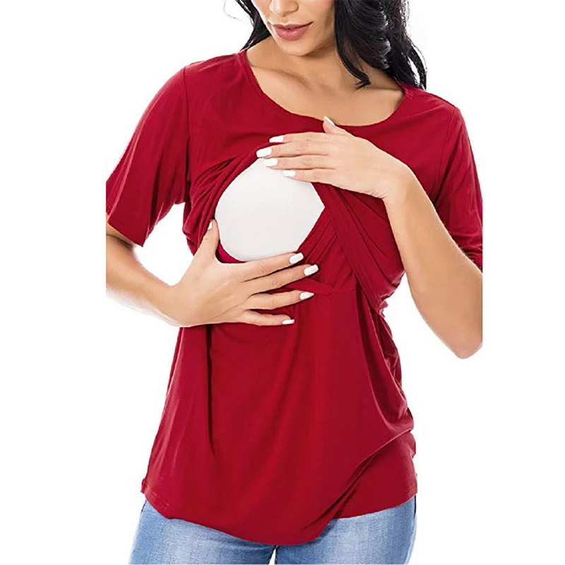 New Women Blouse Maternity Solid Color Patchwork Nursing Tops T-Shirt Summer Short Sleeve Pregnant Clothes Nursing Breastfeeding