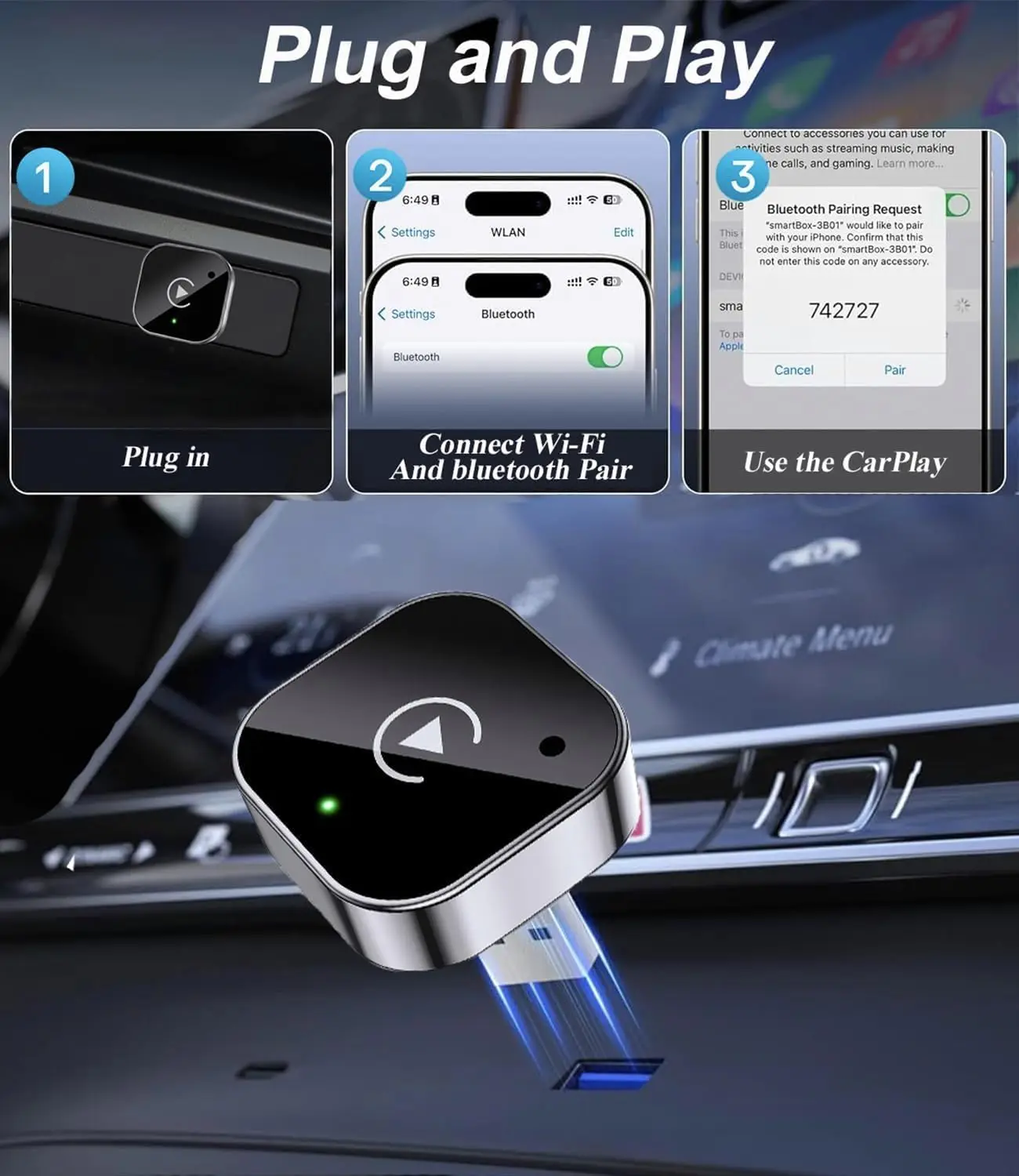 Wireless CarPlay & Android Auto Dongle Fast Auto-Connect Compact Plug & Play for iPhone Android, USB A/USB-C No Delay