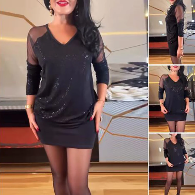 Women Sexy V Neck Sequin Party Dresses 2025 Spring Splicing Mesh Hollow Mini Dress New Autumn Long Sleeve Slim Hip Dress Vestido 6