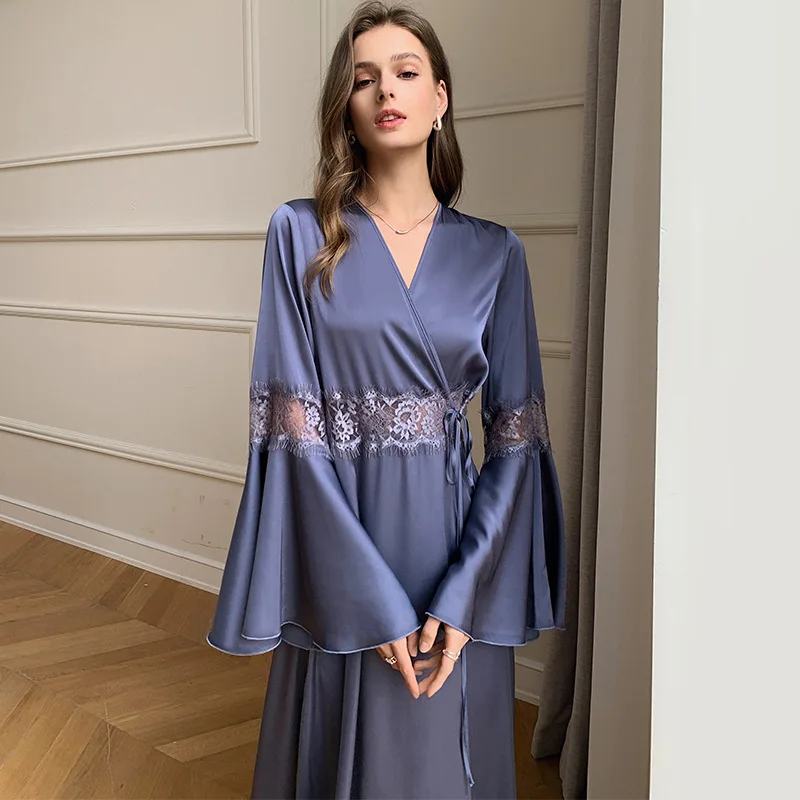 Wedding Night Clothes Pajama Women's Summer French Elegant Satin Ice Lace Backless Sexy Nightgown Ladies Home Dressing Gown 잠옷