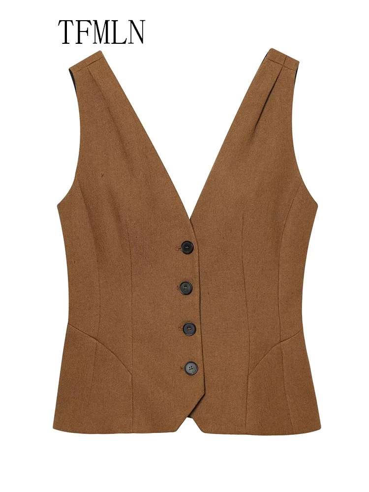 TFMLN 2025 Summer Women Solid V-neck Vest Top Fashion Chic Causal Single Breasted Folds Camisole Tops High Street Backless Shirt