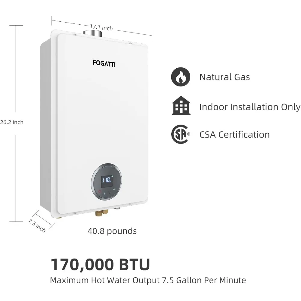 Nautral Gas Tankless Water Heater Upgraded Staged Combustion Technology, Indoor 7.5 GPM, 170,000 BTU