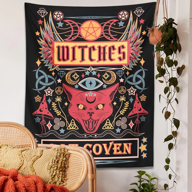 Cat Witchcraft Tapestry Wall Hanging sun moon Tarot mushroom Mysterious Divination for Living Room Home Dorm Decor Cat Coven