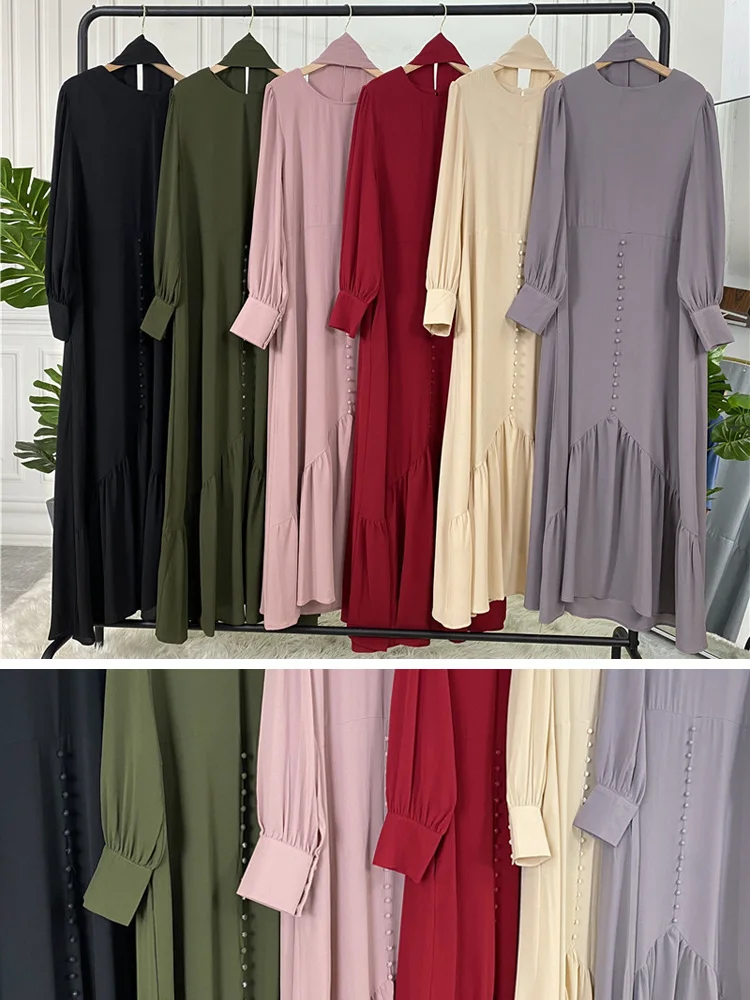 Women Muslim Dress with Pockets Chiffon Button Front Islamic Clothing Dubai Turkish Hijab Robe Casual Abaya images - 6