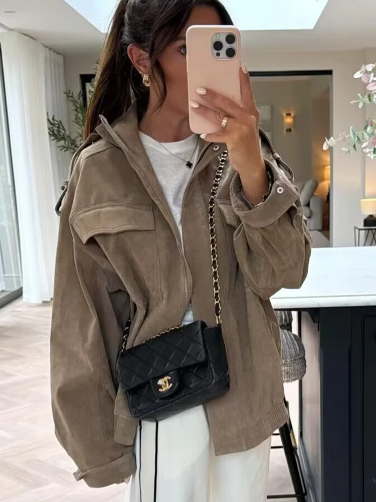 Chic Casual Soft Bomber Jackets 2025 New Autumn Winter Women Lapel Long Sleeve Zipper Coats Fashion Streetwear Loose Outerwear