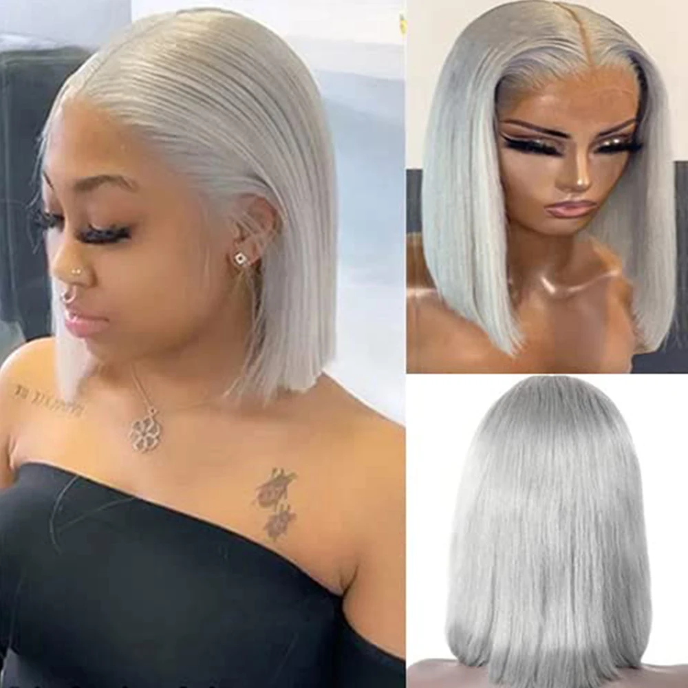 

Straight Short Bob Lace Frontal Human Hair Wigs Sliver Grey For Women Transparent 13x4 Lace Front Wigs Brazilian 250% Preplucked