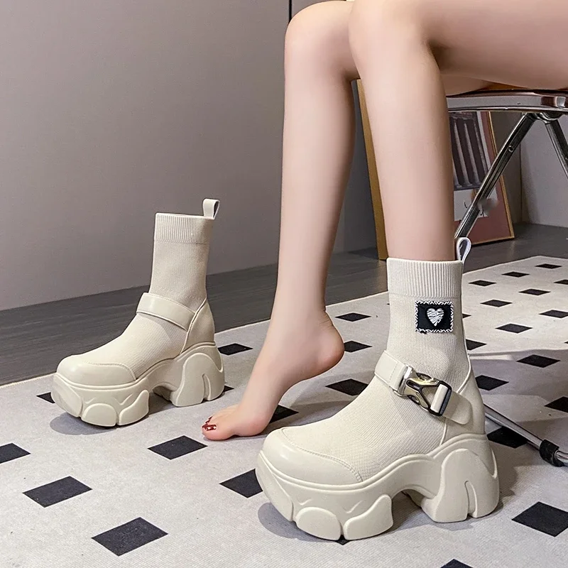 

Женские ботинки средней длины на платформе, женские осенне-зимние дышащие вязаные эластичные ботинки без шнуровки на высоком каблуке для женщин, 2024