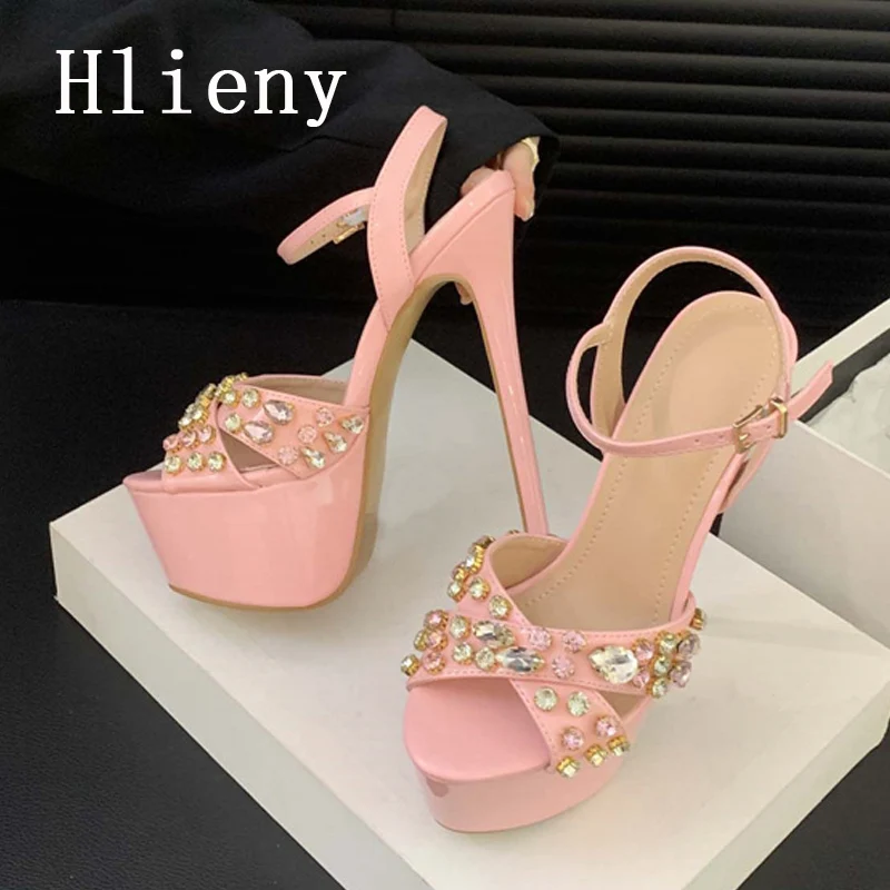 

Hlieny 2024 New Sexy Peep Toe Pole Dance Sandals Women Thin High Heels Fashion Crystal Platform Buckle Strap Party Shoes