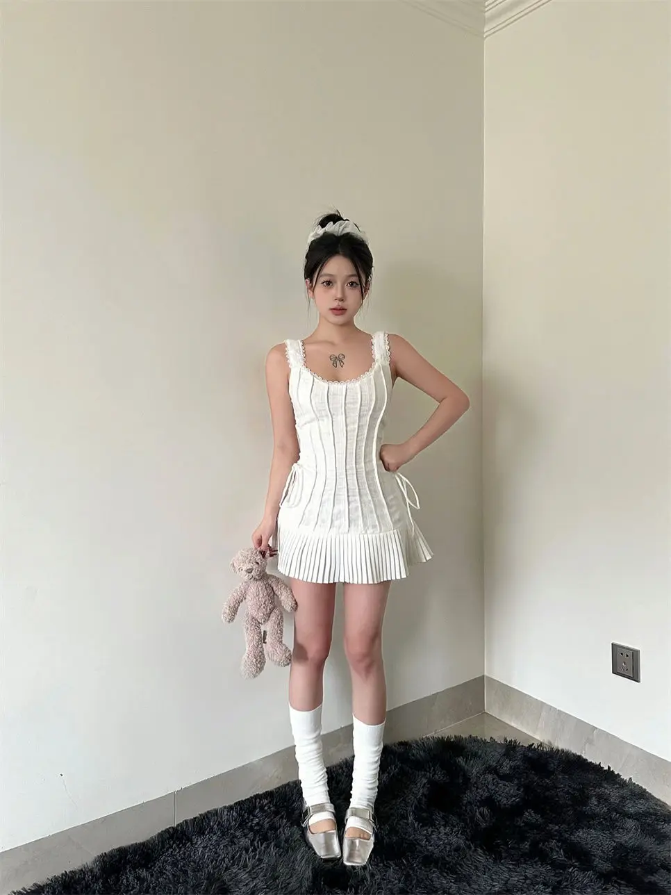 Elegant Pleated Short Dresses for Women Summer New Sleeveless Square Collar White Dress Korean Fashion Y2K One Piece Vestido