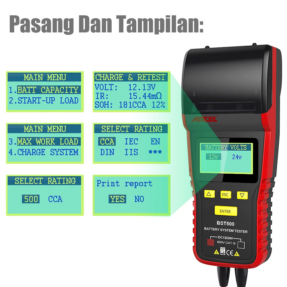 12V/24V Car Battery Tester ANCEL BST500 Automotive Battery Load Tester Cranking Charging Analyzer with Printer Diagnostic Tool