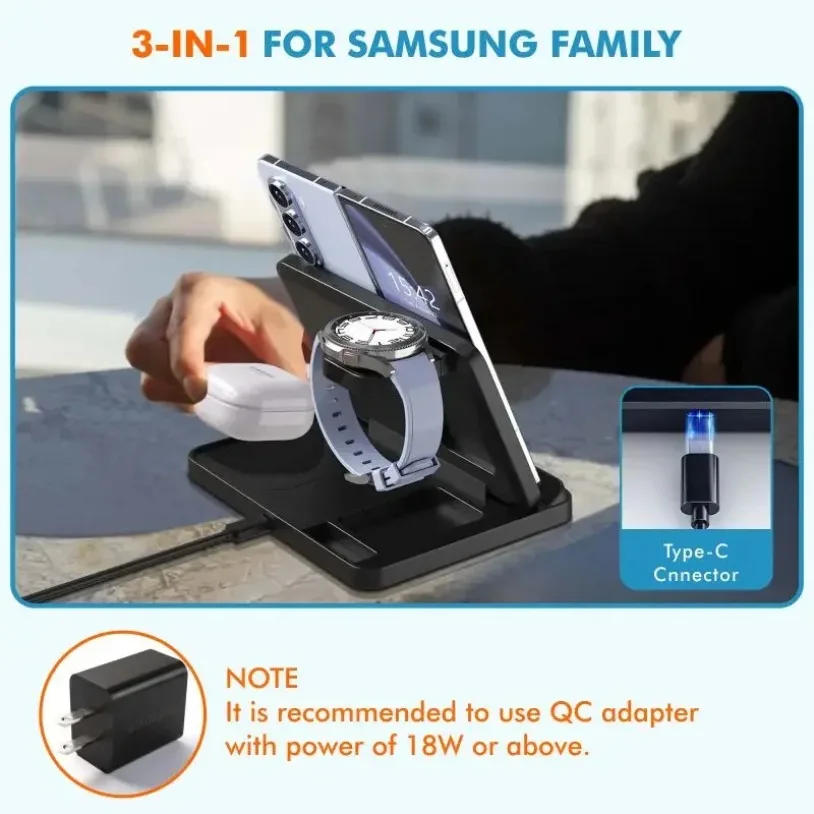 3 in 1 Foldable Fast Charging Dock Station Wireless Charger Stand For Samsung Z Fold Zflip5 S25 S24 Ultra Galaxy Watch 6 5 Buds2